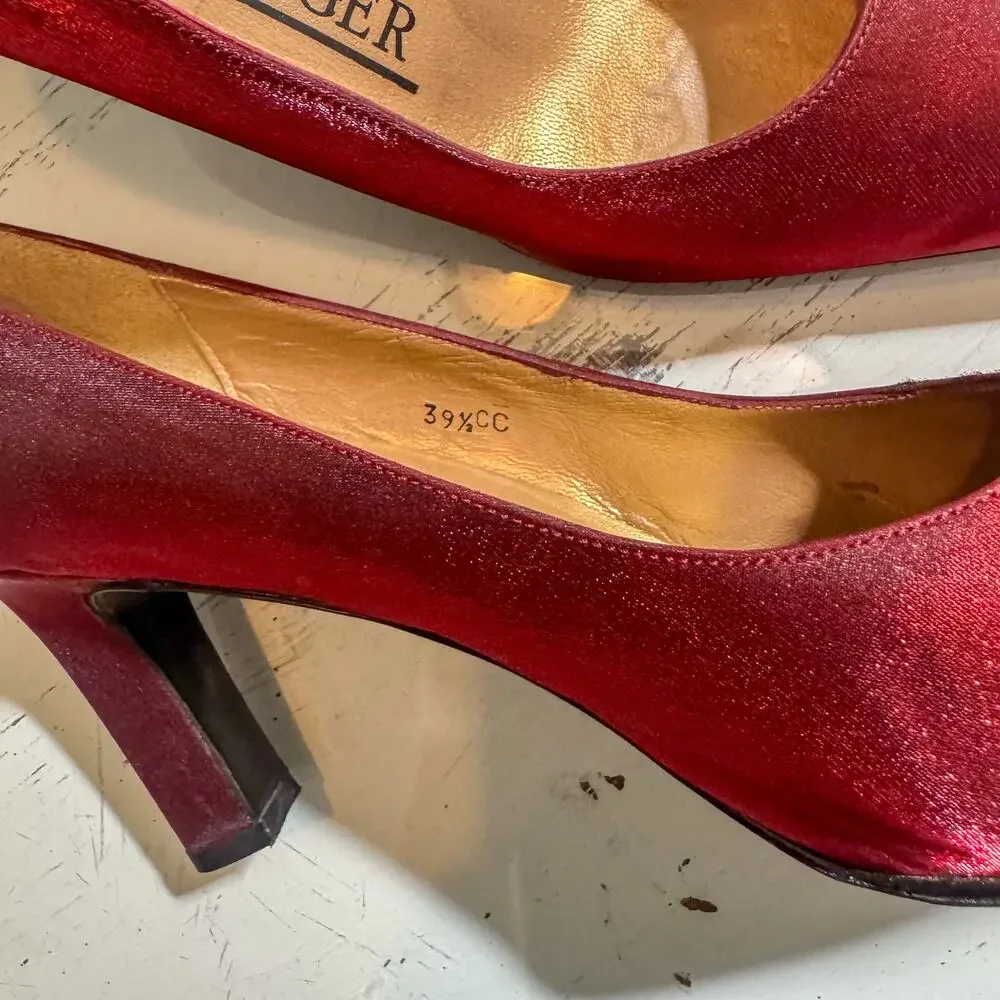Kurt Geiger Red Shimmer Square Toe Block Heel Pumps Metallic Holiday Party 9.5